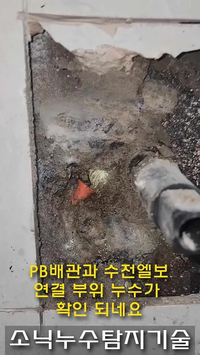 대구 서구 평리동 욕실 벽 타일을 걷어낸 자리에 젖은 몰탈과 주황색 마개, 황동 부속이 드러난 모습